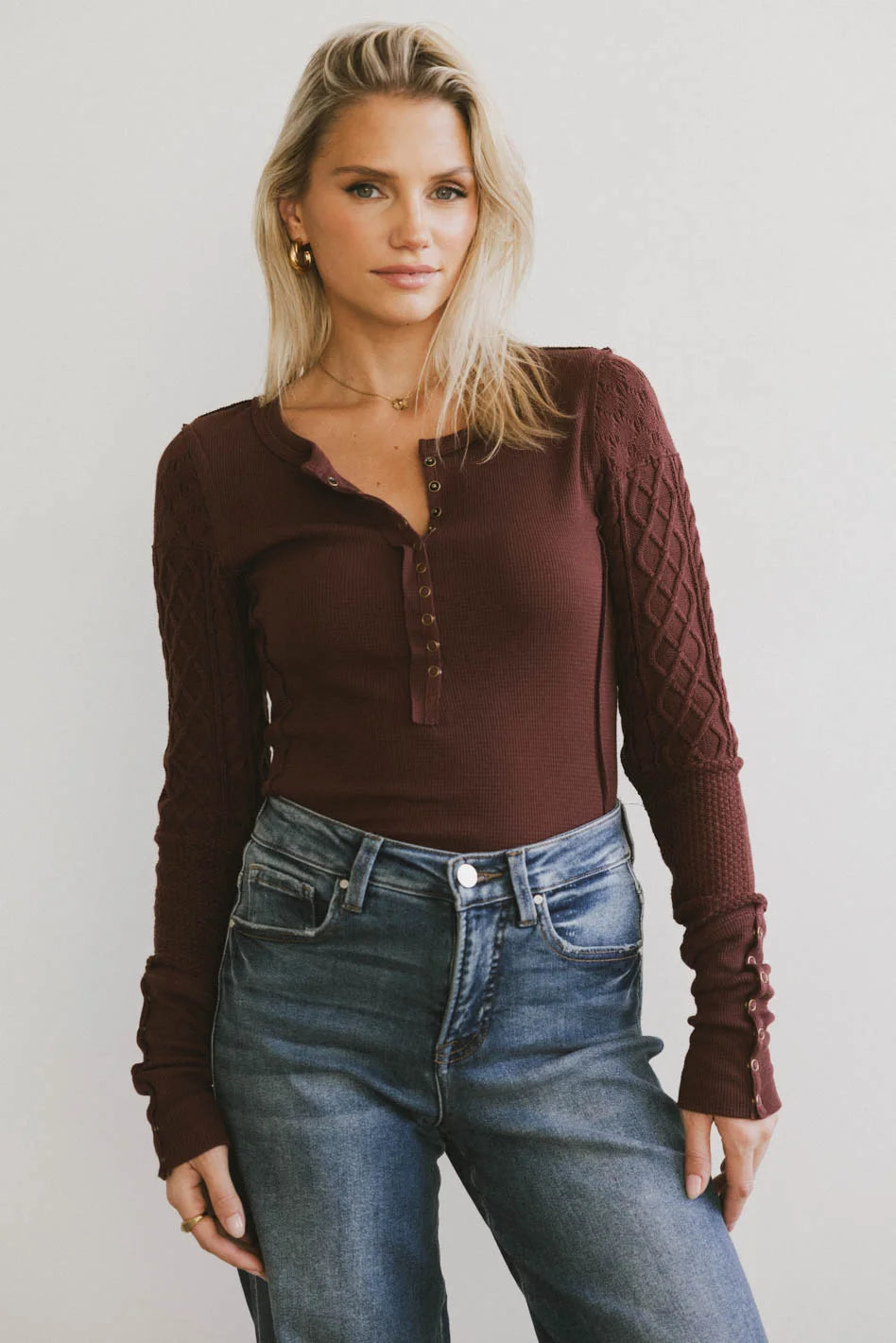 Naomi Cable Knit Sleeve Top in Red-Brown - FINAL SALE