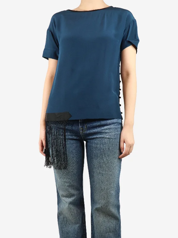 Ink blue silk fringed top - size UK 8