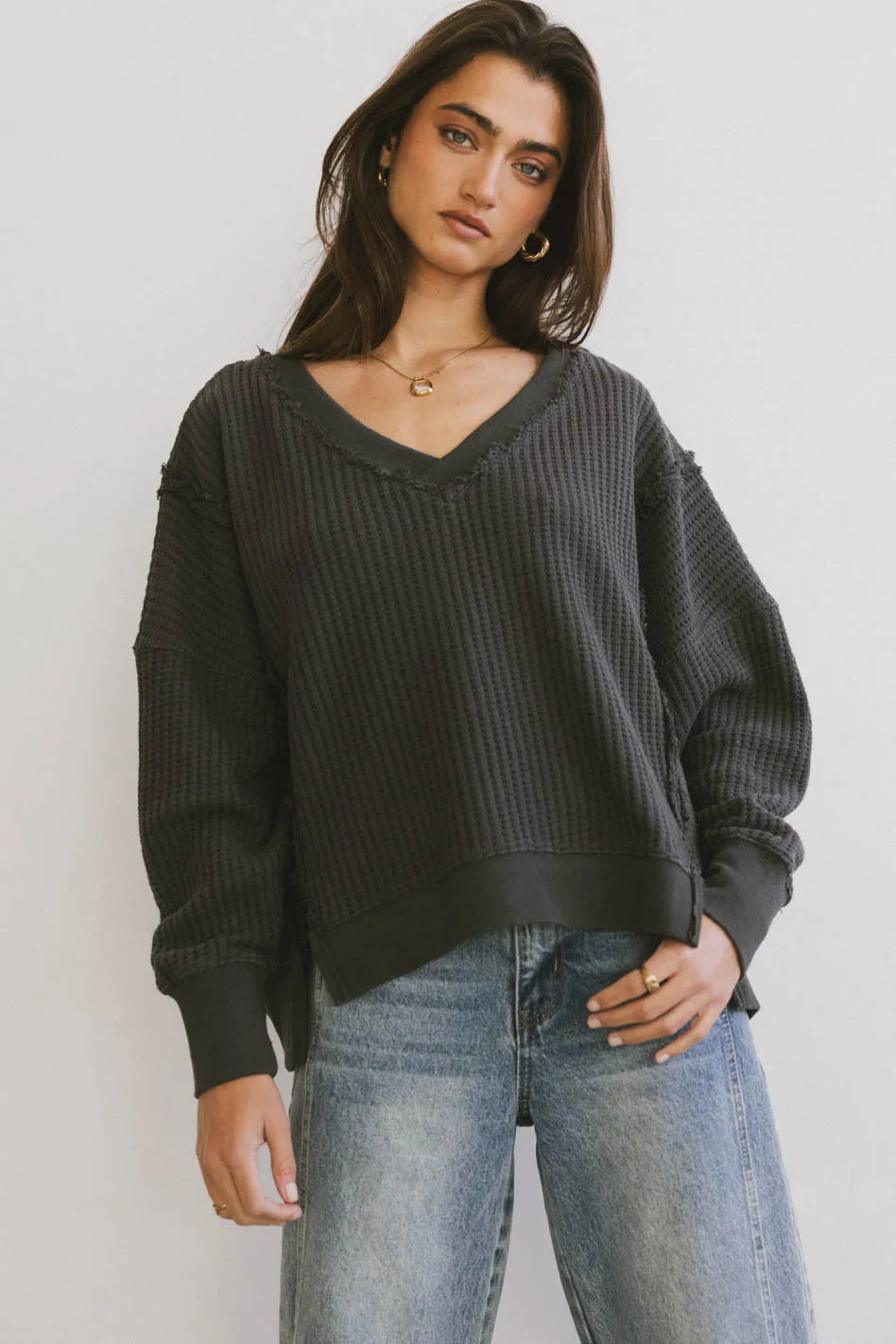Ellis Waffle Knit Top in Charcoal - FINAL SALE
